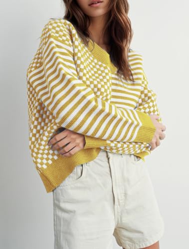 Image of UNCLECAT Womens Striped Checkered Sweater V Neck Fall Trendy Pullover Tops | Long Sleeve, Winter Clothes, Soft Jumpers, Business Casual Outfits, Cute, Fashion, Knitted Sweaters