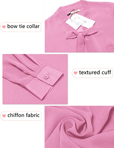 ACEVOG Tops Womens Bow Tie Neck Long Sleeve Office Work Blush Chiffon Blouse Shirts,Pink,X-Large - Thumbnail 5