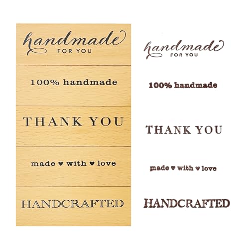 5-Piece Handmade Sentiment Wood Stamp Set - for Gift Packaging: Thank You Handmade for You Made with Love Handcrafted Handmade - for DIY Crafts Journals Card Making Supplies