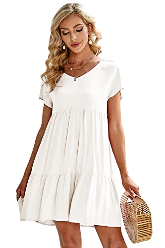 Image of Fangetey Women's V-Neck Tunic Dresses Short Sleeve Button Down Loose Casual Summer Short Flowy Swing Dress 0-White Large