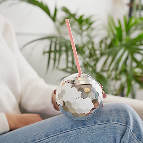 Vaso disco bola plateado con popote 16 oz miniatura 5