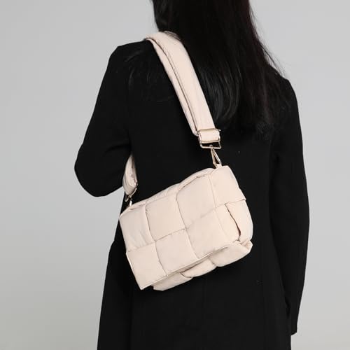 Image of Shoulder Bag Lightweight Puffer Tote Crossbody Bag Handwoven for Women | waterproof nylon, durable, soft padded texture, versatile for travel, work, weekend, everyday, adjustable strap