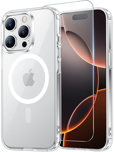 Temdan for iPhone 16 Pro Max Case Clear with Screen Protector, Compatible with Magsafe, Anti-Yellowing, Military-Grade Protection, Shockproof Slim Magnetic Phone Case Cover, Transparent