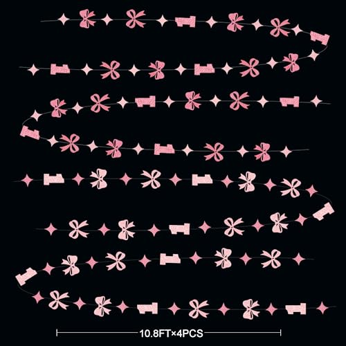 Image of Pink Bow One Birthday Decorations Pink Glitter Paper Star Bow 1st Hanging Garland Streamer Banner for Happy First Birthday Baby Girl Bday Decor or 1st Anniversary Party Decorations Supplies