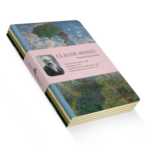 Retronote Impressionism Series - Claude Monet - Juego de 4 unidades, A6, sin forro, total de 192 páginas, 48 páginas cada una, costuras de alambre, cubierta flexible, borde ovalado, textura de lienzo