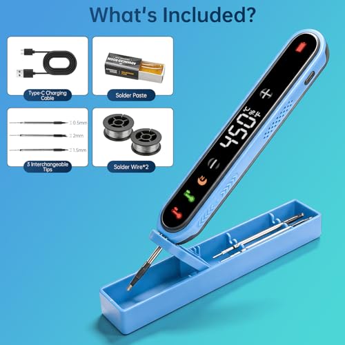 Image of Cordless Soldering Iron Kit, Portable Soldering Iron 1600mAh Rechargeable Battery, 8s Fast Heat-Up, Adjustable Temp 180~450℃, Type-C Charging,3 Tips, Smart Wireless Heat Pen for Precision Repair(Blue)