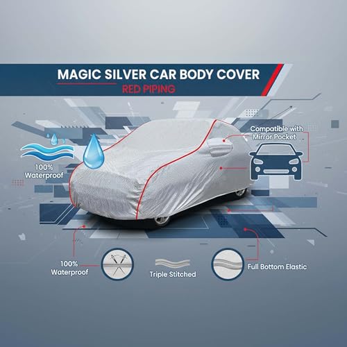 Image of Sulfar 100% Waterproof Car Body Cover Compatible with Mirror for Audi S5 (Triple Stitched, Full Bottom Elastic, Magic Silver with Red Piping)