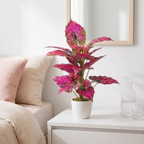 Image of Dekorly Fake Plants Artificial Floor Plants Large Tropical Palm Tree Tall Monstera in Pot for Indoor Outdoor Home. (Dark Veins Pink Caladium | White Pot, Pack of One)