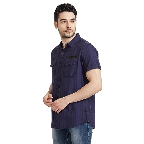 Image of Spykar Men's Slim Fit N /A Half Sleeve Striped Casual Shirts
