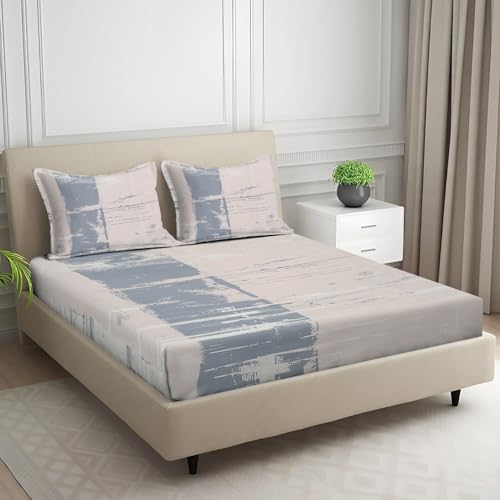 Image of Signature Digital Print Geometric Designs Super King Size Bedsheet - 108 x 108 inches | 100% Cotton-Feel Soft Fabric | Fade-Resistant Colors | 2 Matching Pillow Covers (Calm Horizon)