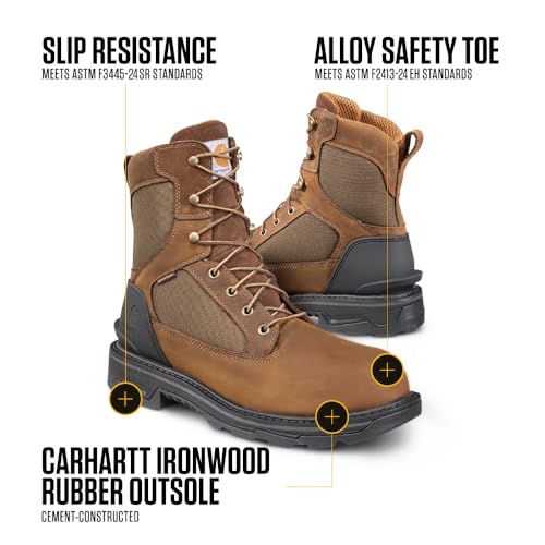 Image of Carhartt Ironwood Waterproof Safety Toe Work Boots for Men - 8 - inch Reinforced Oil-Tanned Leather with Breathable Membrane, EH & Slip-Resistant Outsoles
