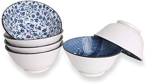 YALONG Japanese Style Deep Soup Bowls Set of 6, 6 inch Cereal Bowls Assorted Patterns, 20 oz Ceramic Pho Bowls Set Serving Soup Rice Salad Noodle Pasta Microwave & Dishwasher Safe