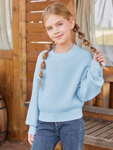 Image of Haloumoning Girls Knit Pullover Sweaters Mock Neck Long Lantern Sleeve Jumper Tops 5-14 Years