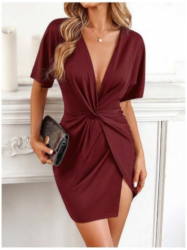 Image of Floerns Women's Deep V Neck Twisted Plunging High Slit Mini Party Dress