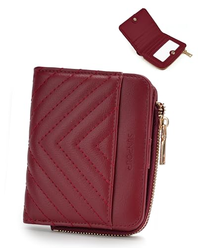 Image of Small Bifold Wallets Woman RFID Mini Wallet for Women Slim Card Holder with Zipper Coin Pocket & 2 ID Windows (Burgundy)