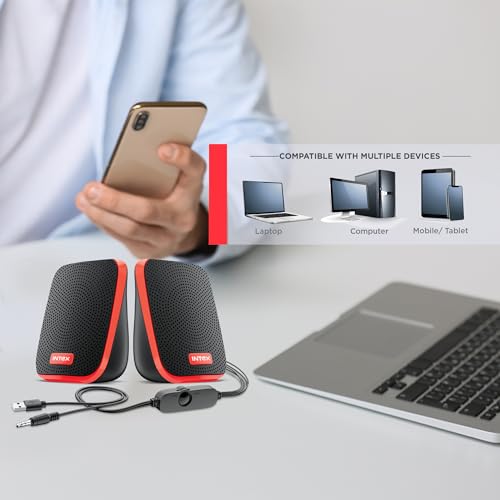 Image of Intex IT-120 2.0 USB Computer Multimedia Speaker, 10W Powerful Sound, USB Powered, 3.5mm Aux Connectivity, in-Line Volume Control Pod for PC, Laptops, Desktop & Mobiles - Orange