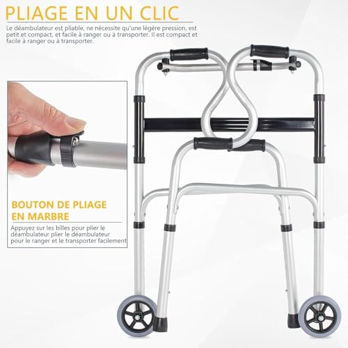 Andador andador con asiento plegable – Ayuda de movilidad de altura ajustable para personas mayores, marco de aluminio ligero, estabilidad mejorada para mayor seguridad y comodidad