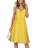 KILIG Women's Summer Casual Sundress Spaghetti Strap Button Dress with Pockets (B3-Yellow, Small)
