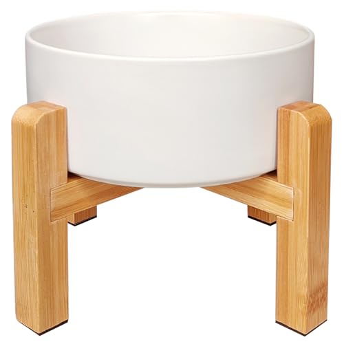 Elevated Ceramic Dog Bowl - PRENDIEEN Raised Dog Bowls with Non-Slip Bamboo Stand - Dog Food and Water Bowl - Dog Feeding Bowls - Suitable for Small and Medium Dogs - 28 OZ - 850 ML (White, Medium)