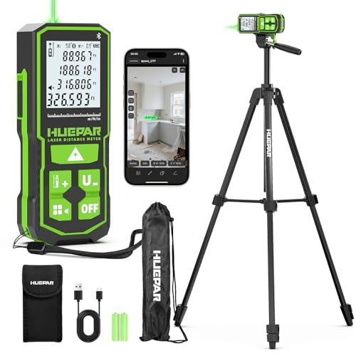 Huepar 395FT Bluetooth Green Laser Measuring Tool with 60" Tripod, 1/16in Accuracy Laser Distance Measurement Tool, Digital Laser Room Measuring Device, Laser Distance Meters