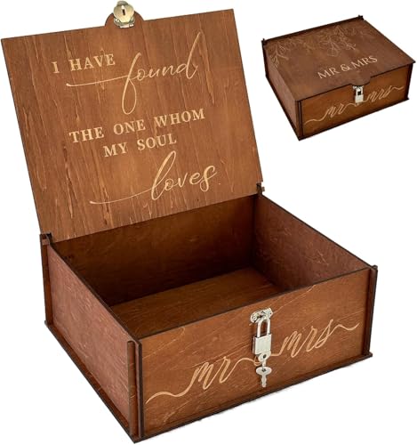 OurWarm Wedding Keepsake Box with Lock, Large Wooden Memory Box for Keepsakes, Wood Decorative Photo Storage Boxes with Lids, Mr and Mrs Personalized Anniversary Engagement Gifts for Couples