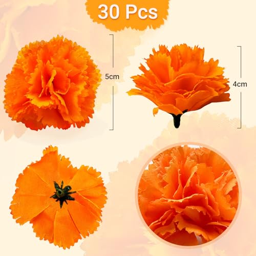 Marigold Flowers Heads Bulk, Silk Artificial Flowers for Diwali,Indian Festival, DIY Marigold Garland Day of The Dead Decorations (Orange)