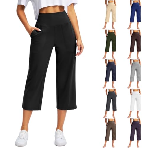 Capri Yoga Pants for Women Stretch High Waisted Wide Leg Pull on Capris Workout Athletic Work Pants with Pockets