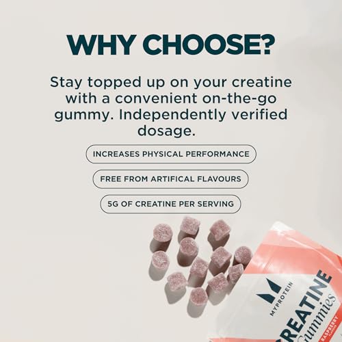 Image of Myprotein Creatine Gummies, 5g Creatine Monohydrate per Serving, Raspberry, 90 Count, 18 Servings, Chewable Post /Pre Workout Strength & Recovery Sports Nutrition Supplement, Vegan, Non-GMO