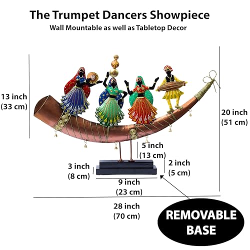 Trumpet Dancers Iron Metal Showpiece, Rajasthani Folk Art Decor, 28x13 Inch Tabletop or Wall Hanging with Removable Base, Perfect for Living Room, Restaurant & Gift — photo — 6 of 9
