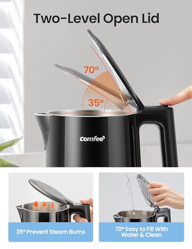 COMFEE' 1.7L Double Wall Electric Tea Kettle and Kettle Water Boiler, 100% Stainless Steel Interior & Lid & Spout, Two-Level Wide Open Lid, 1500W Fast Boiling, Auto-Off and Boil-Dry Protection