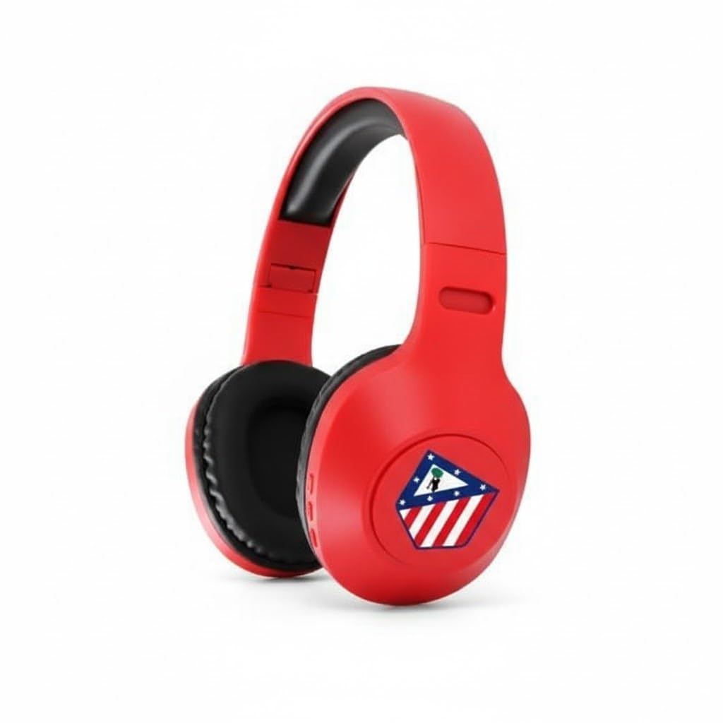 Genérico Auriculares Oficiales Atlético de Madrid con Bluetooth – Cascos Ergonómicos con Sonido Diseño Rojiblanco. Color Rojo.