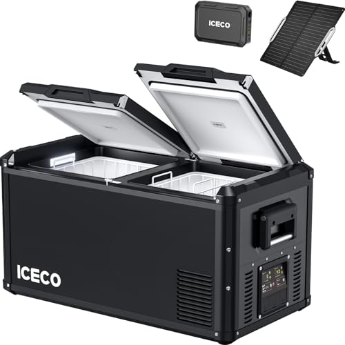 ICECO VL75ProD Portable Refrigerator, 12v Dual Zone Fridge Freezer with SECOP, 79Qt 12V Car Freezer with Reversible Lid, 0&deg;F to 50&deg;F, Car Fridge Portable AC/DC| With Battery+Solar Panel