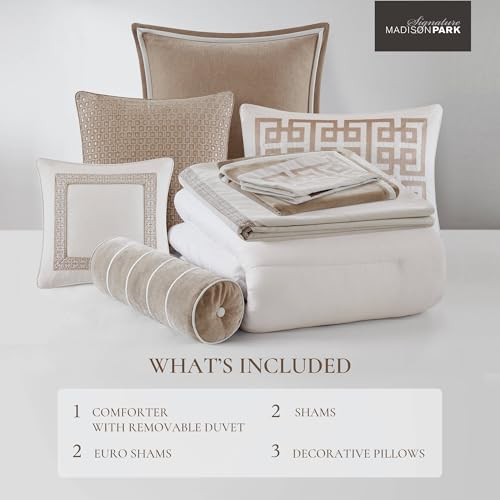 Image of Madison Park Signature Oversized Queen Comforter Set, Luxury Hotel Style Bedding with Embroidered Details, All Season Down Alternative Comforter, Matching Shams&Decorative Pillows, Tan /Ivory, 8 Piece