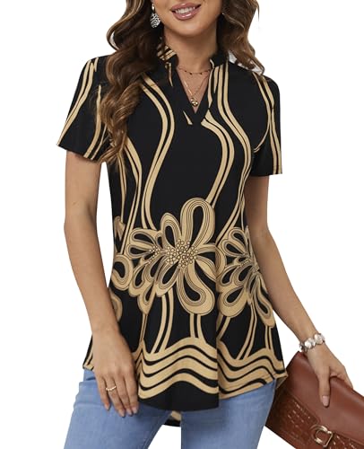 BAISHENGGT Womens Summer Tops V Neck Floral Printed Short Sleeve Blouses Dressy Casual Tunic Top Shirts