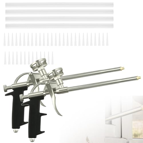 2 Stück PU Schaumpistole, Profi Metall Bauschaumpistole Bauschaum Pistole Schaumpistolen mit 4 Langen Düsen und 40 Kurzen Düsen zum Abdichten, Füllen (Schwarz)