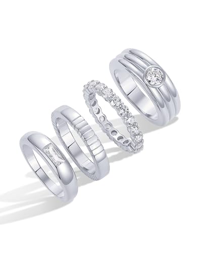 PAVOI Rhodium Plated Stackable Rings for Women | Dainty Stackable Gold Ring Set of Four with Cubic Zirconia Multi-Bands | Trendy Fashion Jewelry - White, Size 7