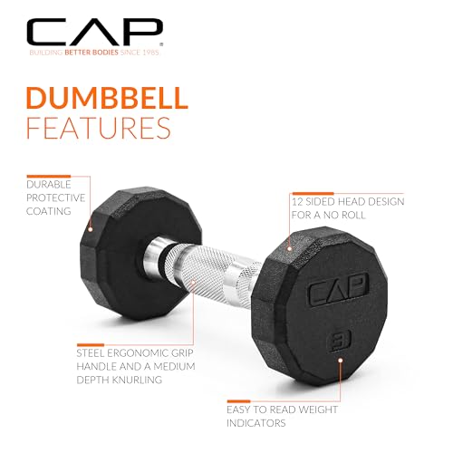 Image of CAP Rubber Coated Dumbbell Weights, Free Weights for Home Gym Strength Training, Anti-Roll Hex Dumbbells with Black, Chrome & Comfort Grip Handles, Singles