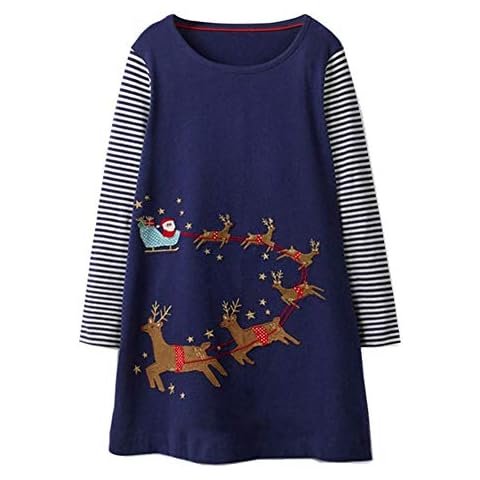 Girl Christmas Dress Cotton Casual Winter Long Sleeve Blue Stripe Basic Shirt Tunic Jersey Dress 4T Cover