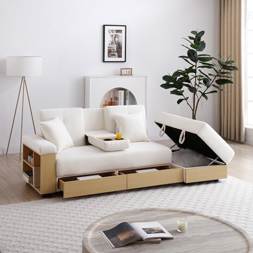 KEIKI Multi-Functional Sofa Sleeper with Storage Ottoman and Two Pull Out Drawer, Fold Out Couch Bed with Side Storage Rack and Drop Down Table with 2 Cup Holders