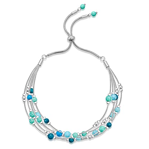 Classyzint 5 Row Beads Strand Bracelet For Women Silver Plated Layered Snake Chains With Turq Blue Beads Boho Beach Bracelet Adjustable Bracelet #TOP27