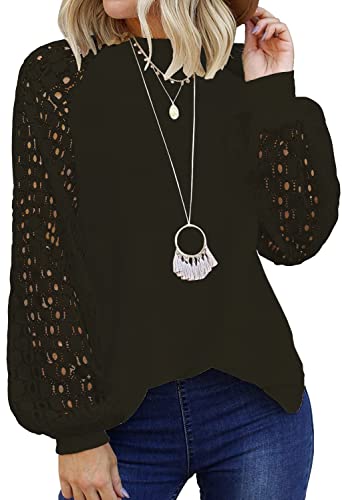 Image of Shasmi Women's White Ballon Long Sleeve, Crew Neck Tops Lace Casual Loose Blouses T Shirts (Shree Top 29)