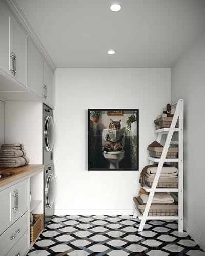 Image of Cat on Toilet Black Framed Wall Art Print Poster, Dog Bathroom Humor Decor Posters Prints for Restroom Home Picture Painting Artwork Gallery 7 (Cat 1, 20 inchL x 16 inchW, Black Frame)