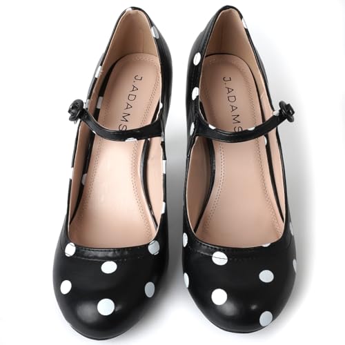 J. Adams Pixie Mary Jane Shoes Women Oxford Pumps - Cute Low Kitten High Heels - Retro Vintage Shoes for Women 1950s Mary Janes Round Toe Shoe with Ankle Strap - Heeled Dress Shoe