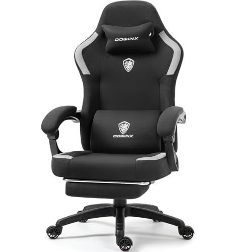 Dowinx Gaming Stuhl Stoff mit Frühling Kissen, Massage Gaming Sessel mit Fußstütze, Ergonomischer PC Stuhl Gamer Stuhl Bürostuhl 150 kg Belastbarkeit, Schwarz