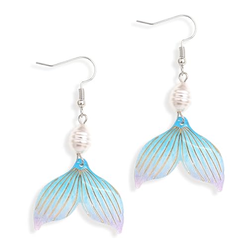 Image of Gold Starfish Mermaid Tail Dangle Drop Earrings for Women, Trendy Cute Pearl Fish Tail Shell Textured Hoop Dangling Earing Summer sea Beach Jewelry Gift.