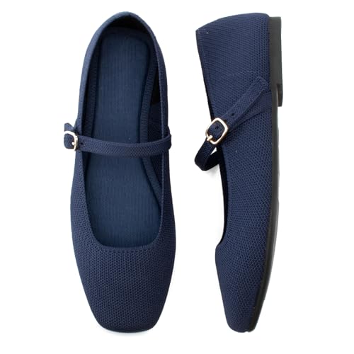 Soesyi Knit Flats for Women Square Toe Flats Casual Ballet Flats with Ankle Strap,Mary Jane Shoes Women Comfortable for Dressy Office,Size 06,Navy