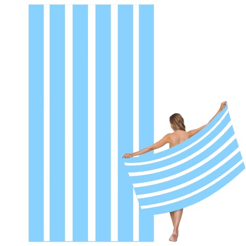 Large Quick Dry Microfibre Beach Bath Towel,Double Sides Light Blue White Striped Sand Free Beach Towel with Bag,Lightweight Gym Yoga Sports Towel,Compact Travel Summer Beach Towel for Women Men