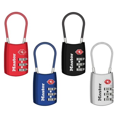 Image of Master Lock TSA Approved Combination Luggage Lock, Assorted, 4-Pack 4688EC4 | TSA Accepted Set Your Own Combination Luggage Cable Lock For Suitcases, Backpacks, Travel and Airport Security, 3-digit Lock