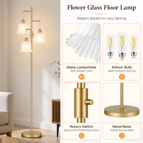 Image of Dimmable Flower Floor Lamp, 3 x 900LM LED Bulbs Included, Modern | 70 inch Gold Tree Standing Lamp, 3 Lights Elegant Frosted Glass Flower Shade Vintage Floor Lamps for Living Room, Bedroom, Office