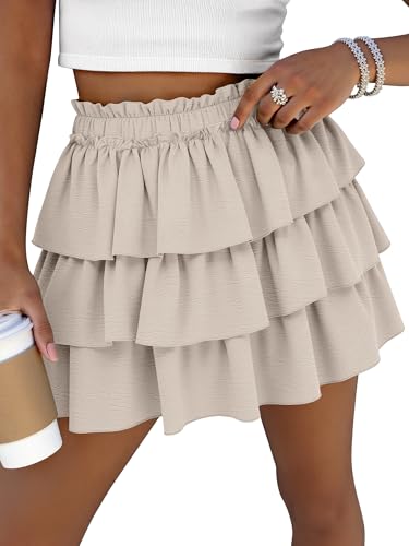 Caracilia Summer Skorts for Women Flowy High Waist Ruffle Tiered Mini Skirts 2026 Casual Beach Vacation Skirt Built-in Shorts Light Yellow Large